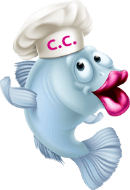 Captain Cod Christchurch logo; a fish with pink lips wearing a chef's hat